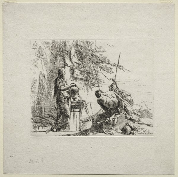 Various Caprices: The Woman Standing with Hands on a Vase, 1785. Creator: Giovanni Battista Tiepolo (Italian, 1696-1770).