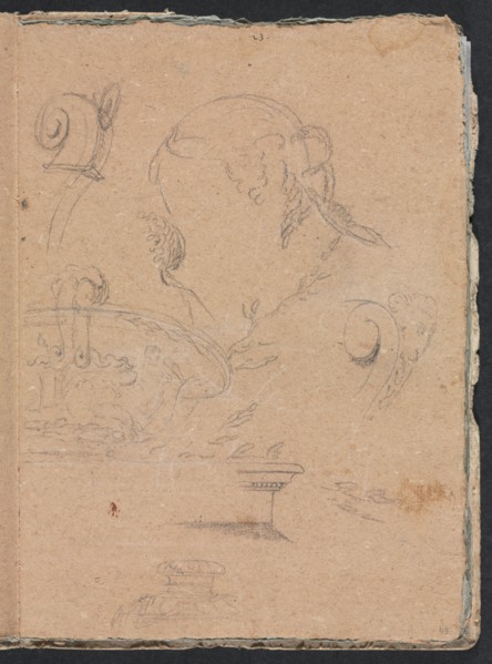 Verona Sketchbook: Architectural motifs with female head (page 45), 1760. Creator: Francesco Lorenzi (Italian, 1723-1787).