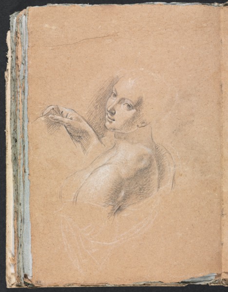 Verona Sketchbook: Female nude looking over left shoulder (page 74), 1760. Creator: Francesco Lorenzi (Italian, 1723-1787).