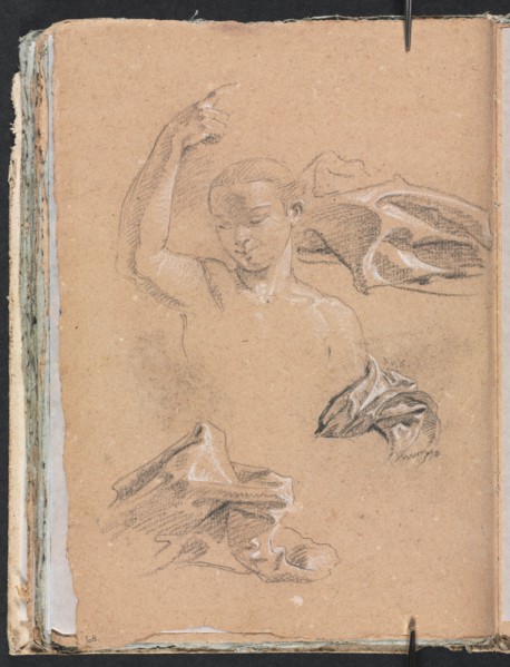 Verona Sketchbook: Figure with upraised right arm and drapery studies (page 68), 1760. Creator: Francesco Lorenzi (Italian, 1723-1787).