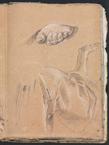 Verona Sketchbook: Study of a left foot and drapery study with right arm (page 79), 1760. Creator: Francesco Lorenzi (Italian, 1723-1787).