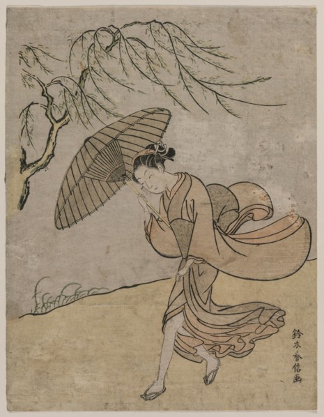 Woman Running Past a Willow Tree in a Breeze, 1766 or 1767. Creator: Suzuki Harunobu (Japanese, 1724-1770).