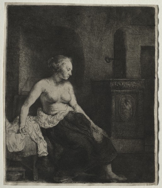 Woman Sitting Half Dressed Beside a Stove, 1658. Creator: Rembrandt van Rijn (Dutch, 1606-1669).