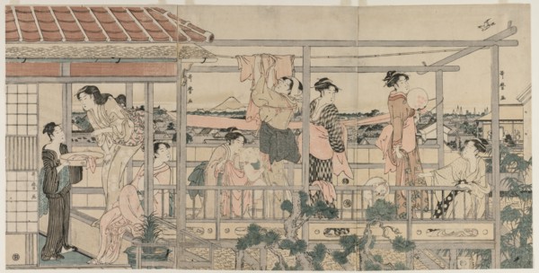 Women Hanging Laundry to Dry on a Balcony , early 1790s. Creator: Kitagawa Utamaro (Japanese, 1753?-1806).