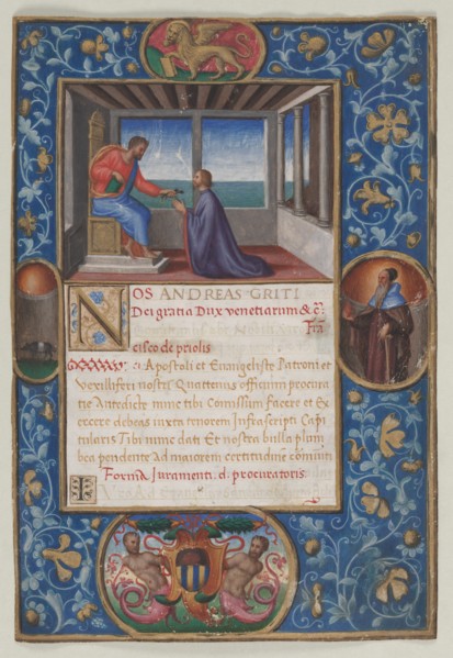 Leaf from a Commission: St. Mark Giving the Keys of Venice to Francesco de Priuli, c. 1523-1524. Creator: Benedetto Bordone (Italian).