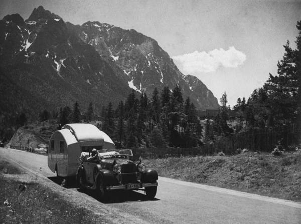 1937 Mercedes Benz 260D Cabriolet towing caravan. Creator: Unknown.