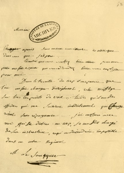 Letter from Napoleon to Le Saucquer, war clerk, 3 June 1791, (1921). Creator: Napoleon Bonaparte I.