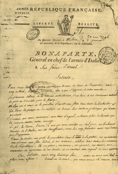 Proclamation by Napoleon to his 'brothers in arms', 20 May 1796, (1921). Creator: Unknown.