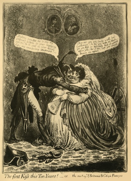 'The first Kiss this Ten Years! - or - the meeting of Britannia & Citizen François', 1803, (1921). Creator: Unknown.
