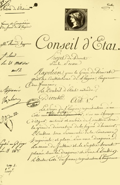Draft decree on the form and composition of the imperial seal, 10 July 1804, (1921). Creator: Unknown.