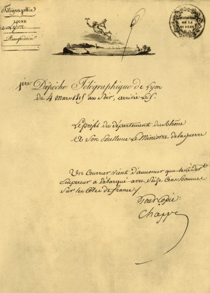 First telegraph despatch from Lyon, 4 March 1815, (1921). Creator: Unknown.