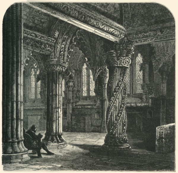 'The Apprentice Pillar in Roslin Chapel', c1870.