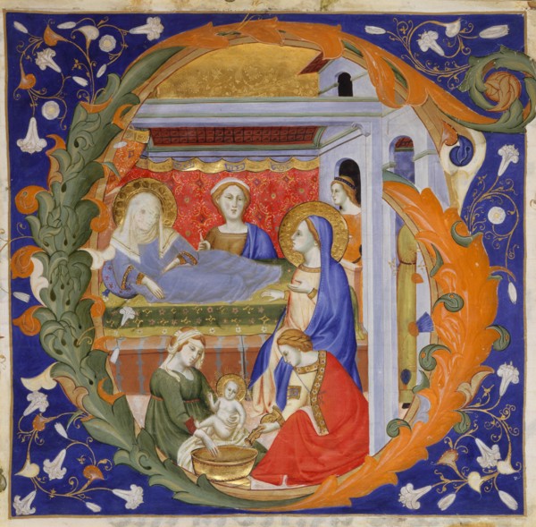 manuscrit Illumination with the Birth of the Virgin in an Initial G, from a Gradual, ca. 1375. Creator: Silvestro dei Gherarducci.