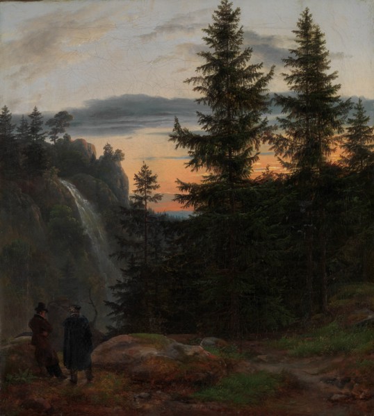Two Men before a Waterfall at Sunset, 1823. Creator: Johan Christian Dahl.