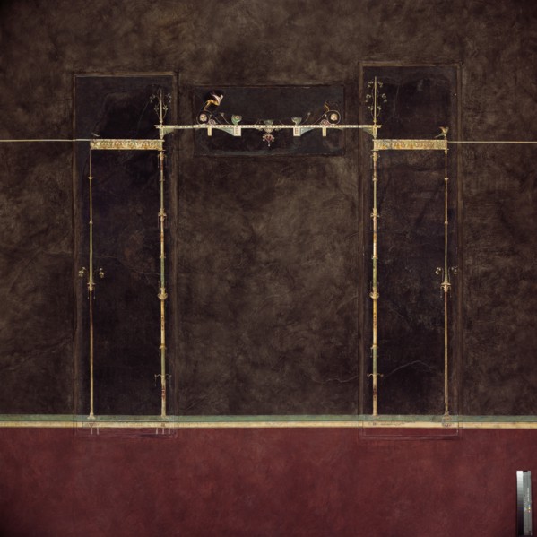 Wall painting on black ground: supports with entrablature, from the imperial villa..., 1st cent B.C. Creator: Unknown.