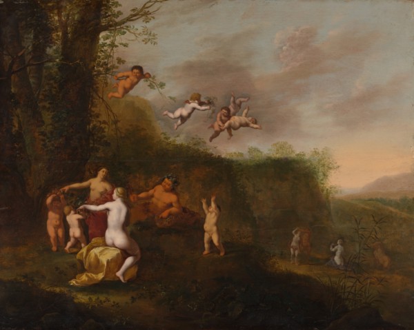 Bacchus and Nymphs in a Landscape, probably 1640s. Creator: Abraham van Cuylenborch.