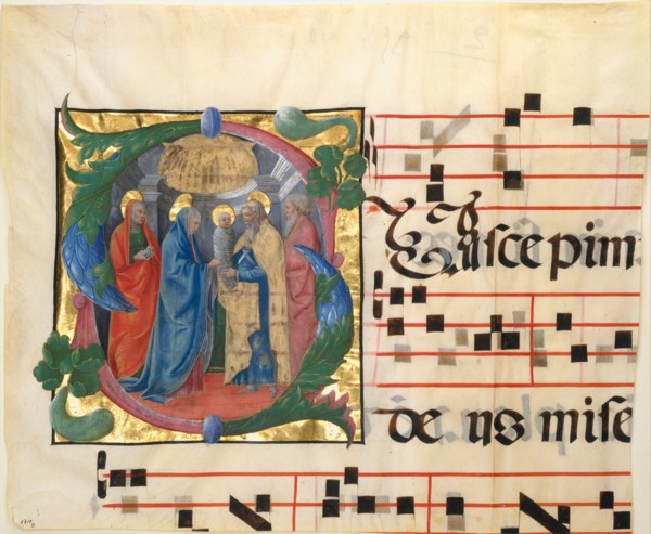 manuscrit Illumination with the Presentation in the Temple in an Initial S, 1450-60. Creator: Cosmè Tura.