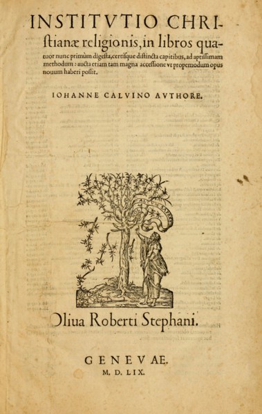 Title page of the fourth edition of the Institutio Christianae Religionis by John Calvin, 1559. Creator: Historic Object.