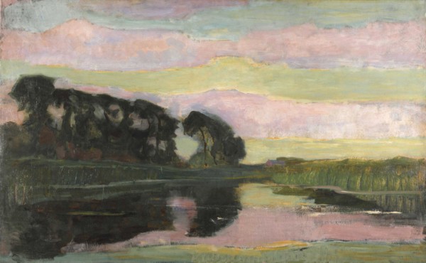 River landscape with pink and yellowgreen sky, ca 1907-1908