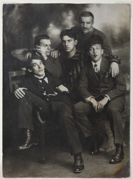Aleksei Kruchenykh, David Burliuk, Vladimir Mayakovsky, Nikolai Burliuk and Benedikt Livshits, 1913. Creator: Anonymous.