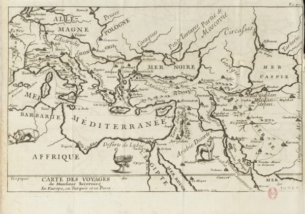 Map of Tavernier's Travels in Europe, Persia, Turkey, 17th century. Creator: Anonymous master.