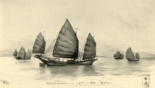 Chinese junks at the entrance to Hong Kong Harbour, 1898. Creator: Christian Wilhelm Allers.