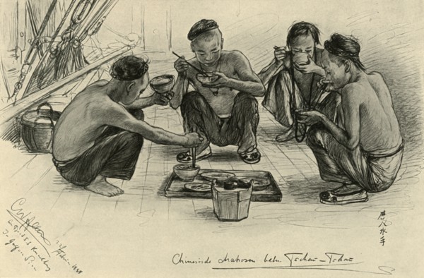 Chinese crew members eating on board the 'Knivsberg', 1898.  Creator: Christian Wilhelm Allers.