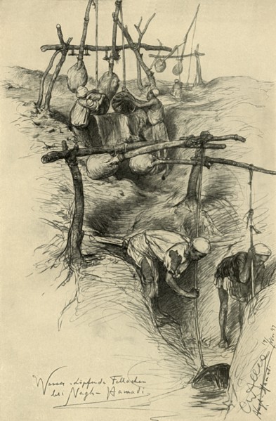 Lifting water water from the Nile using a shadouf, Nag Hammadi, Egypt, 1898. Creator: Christian Wilhelm Allers.