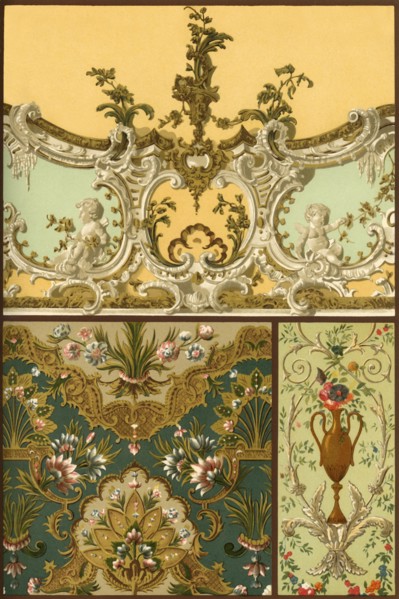 Painting, leather tapestry, stucco ornaments, France and Germany, 17th and 18th centuries, (1898). Creator: Unknown.