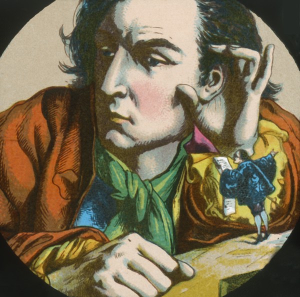 Gulliver listens to a Lilluputian reading a proclamation, lantern slide, late 19th century.  Creator: Unknown.