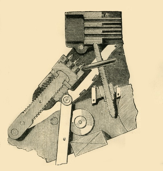 'French Mitrailleuse - Section of the Breech (with the Block or Closer Drawn Down)', c1872.  Creator: Unknown.