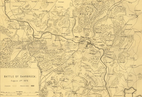 Map of the Battle of Saarbrücken, 2 August 1870, (c1872). Creator: R. Walker.