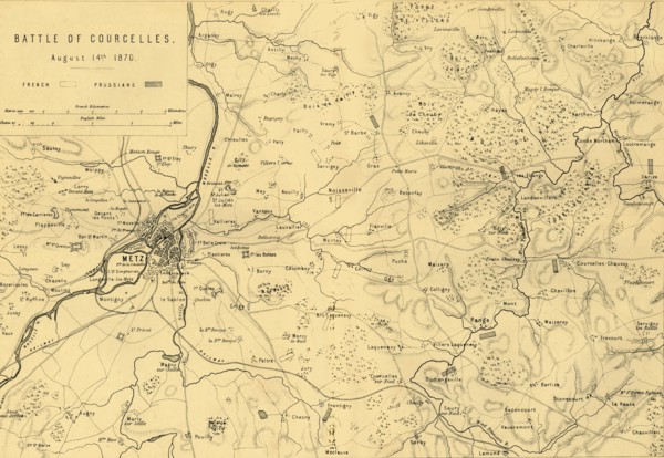 Map of the Battle of Courcelles, 14 August 1870, (c1872).  Creator: R. Walker.