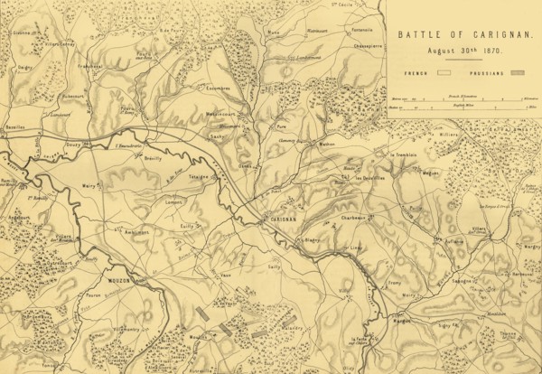 Map of the Battle of Carignan, 30 August 1870, (c1872).  Creator: R. Walker.