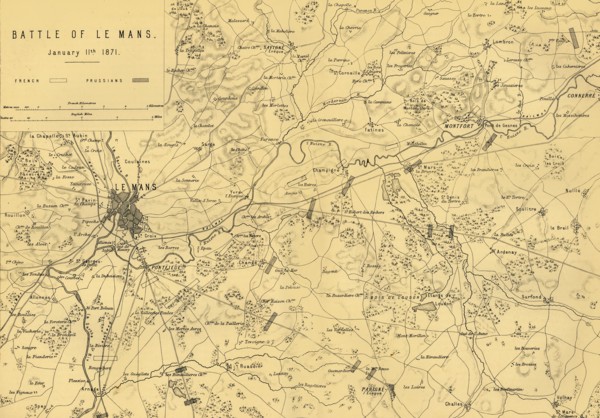 Map of the Battle of Le Mans, 11 January 1871, (c1872).  Creator: R. Walker.