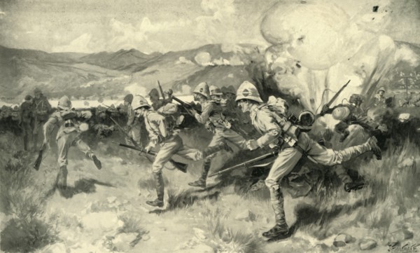 'The Battle of Colenso - Queen's (Royal West Surrey) Regiment Leading the Central Attack', 1900. Creator: Joseph Finnemore.