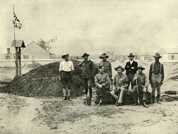 'General Baden-Powell, Lord Edward Cecil, and Other Officers, at the Entrance to their "Dug-Out".',  Creator: D Taylor.