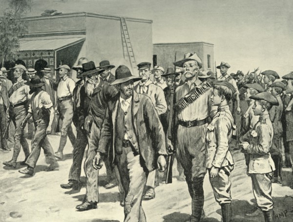 'The Last Attack on Mafeking: B.S.A. Police Escorting Boer Prisoners to the Gaol', 1901. Creator: Henry Marriott Paget.