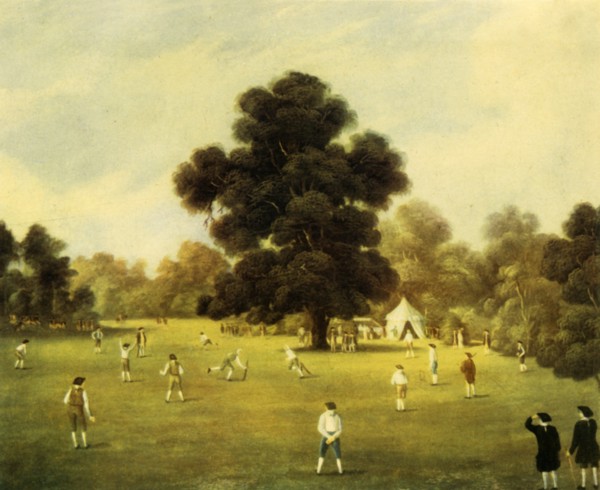 'Lords and Gentlemen of Surrey and Kent Playing Cricket at Knole Park, Kent, 1775', 1947. Creator: Unknown.