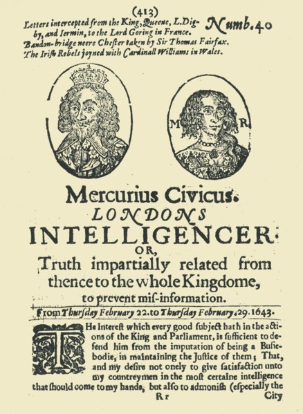 Front page of "Mercurius Civicus: London's Intelligencer", February 1643, (1945).  Creator: Unknown.