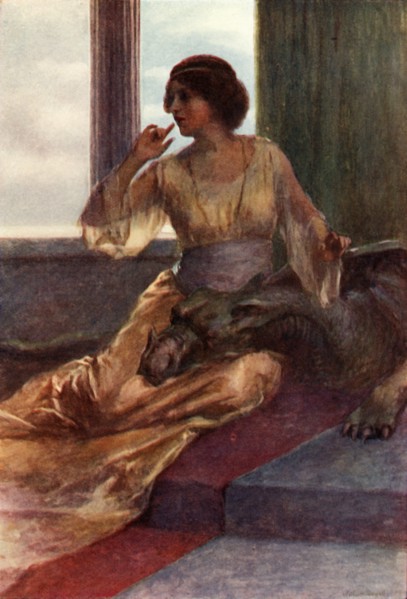 'Sitting with the sleeping dragon's head on her knee', 1917. Creator: Unknown.