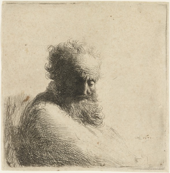 Bust of an old bearded Man, looking down, three quarters right, 1631. Creator: Rembrandt Harmensz van Rijn.