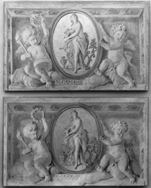 Pair of overdoors with Diana or a Nymph in an oval medallion supported by amorini, 1770-90. Creator: French Painter , 18th century .
