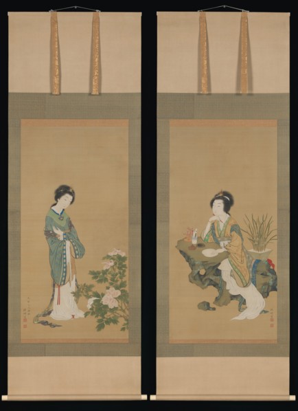 Yanji with Orchids and Yang Guifei with Peonies, 1785. Creator: Genki.