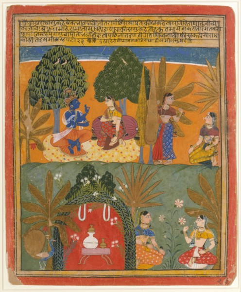 Krishna and Radha with Their Confidantes: Page from a Dispersed Gita Govinda, ca. 1655-60. Creator: Style of Manohar (active ca. 1582-1624).