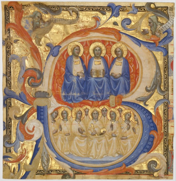 The Trinity in an Initial B, Probably 1387. Creator: Master of the Codex Rossiano (Sienese, active ca. 1380-1400).
