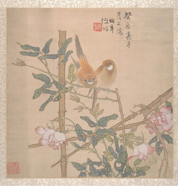 Two Birds Perched on a Flowering Rose Bush, late 19th century. Creator: Ren Yi.
