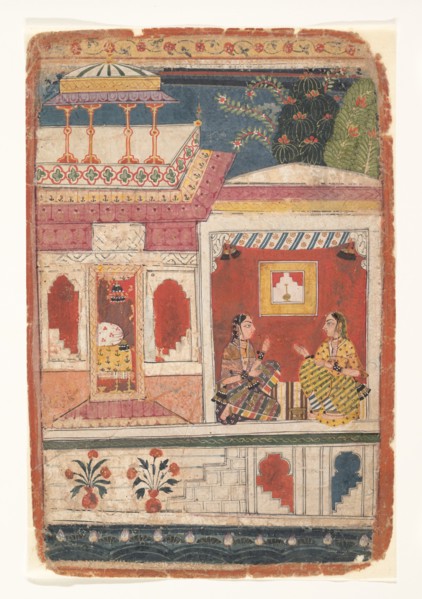 Radha and Her Confidant Sit in an Open Room: Page from a Dispersed Rasikapriya , ca. 1680-90. Creator: Unknown.