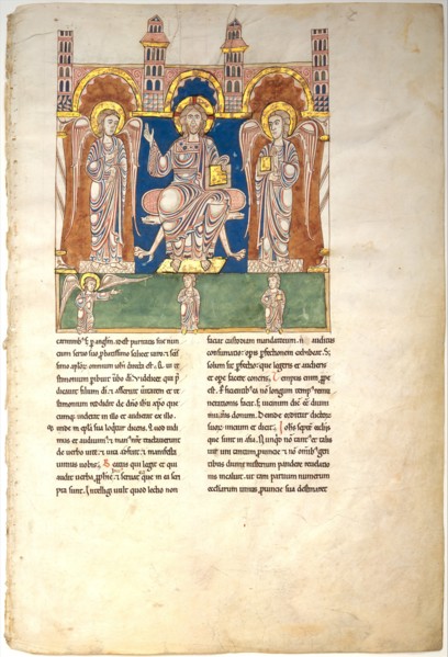 Leaf from a Beatus Manuscript: Christ in Majesty with Angels and the Angel of God..., ca. 1180. Creator: Unknown.