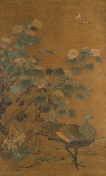 Peacock and Hollyhocks, mid-14th century. Creator: Bian Lu.